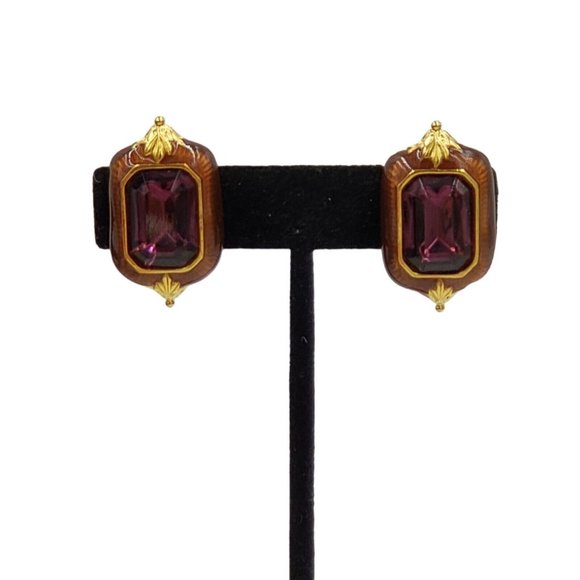 BEREBI Vintage Purple Enamel Rhinestone Clip Earrings Gold Tone Signed - Picture 2 of 12